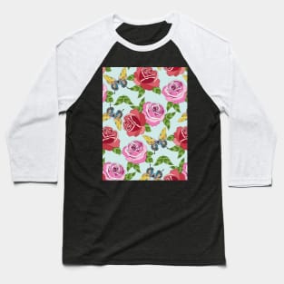 Roses And Butterflies Pattern On Blue Baseball T-Shirt